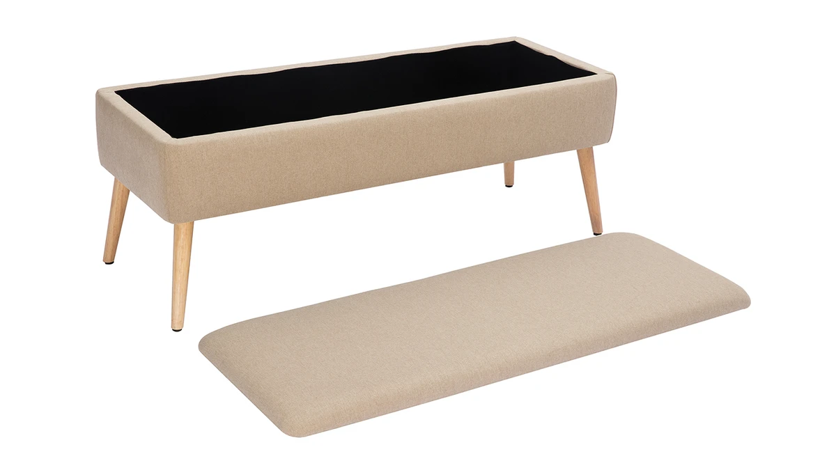 Banc Coffre En Tissu Beige Et Bois Clair Massif L120 Cm LARS 5 Banc Coffre En Tissu Beige Et Bois Clair Massif L120 Cm LARS – Image 3