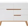 Buffet Scandinave Blanc Mat Et Bois 1 Porte 4 Tiroirs L97 Cm SKIVE