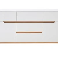 Buffet Scandinave Blanc Mat Et Bois Clair 2 Portes 5 Tiroirs L145 Cm SKIVE
