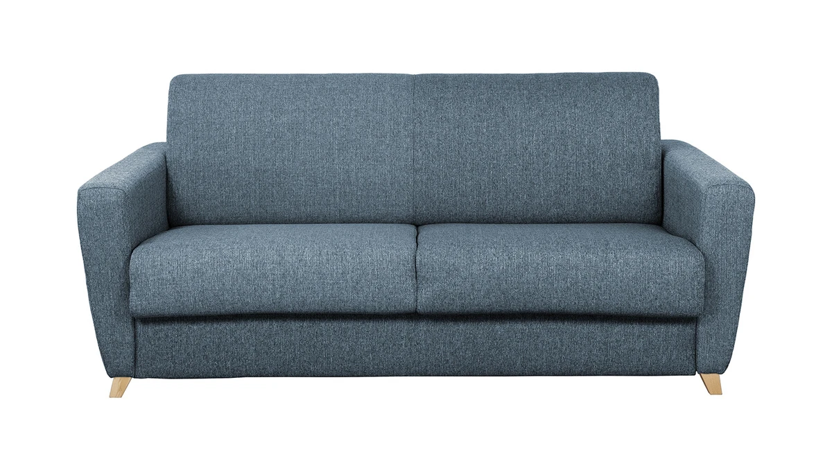 Canapé Convertible 3 Places En Tissu Bleu Et Bois Clair Avec Matelas L140 Cm 12 Cm GRAHAM 3 Canapé Convertible 3 Places En Tissu Bleu Et Bois Clair Avec Matelas L140 Cm 12 Cm GRAHAM