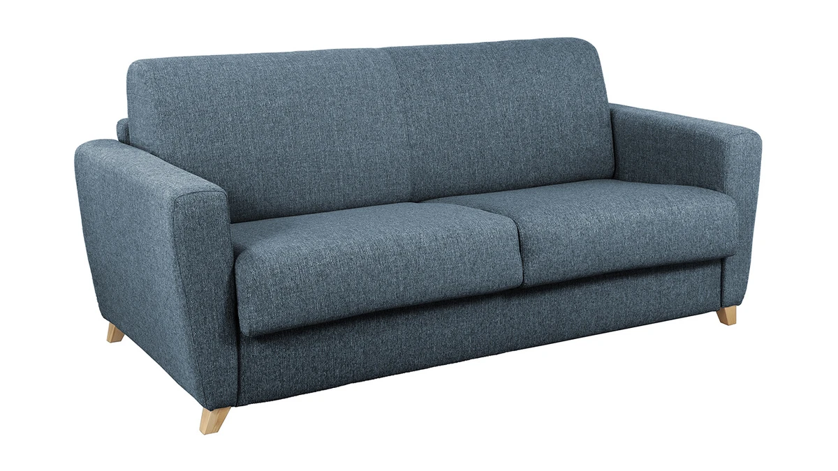 Canapé Convertible 3 Places En Tissu Bleu Et Bois Clair Avec Matelas L140 Cm 12 Cm GRAHAM 4 Canapé Convertible 3 Places En Tissu Bleu Et Bois Clair Avec Matelas L140 Cm 12 Cm GRAHAM – Image 2