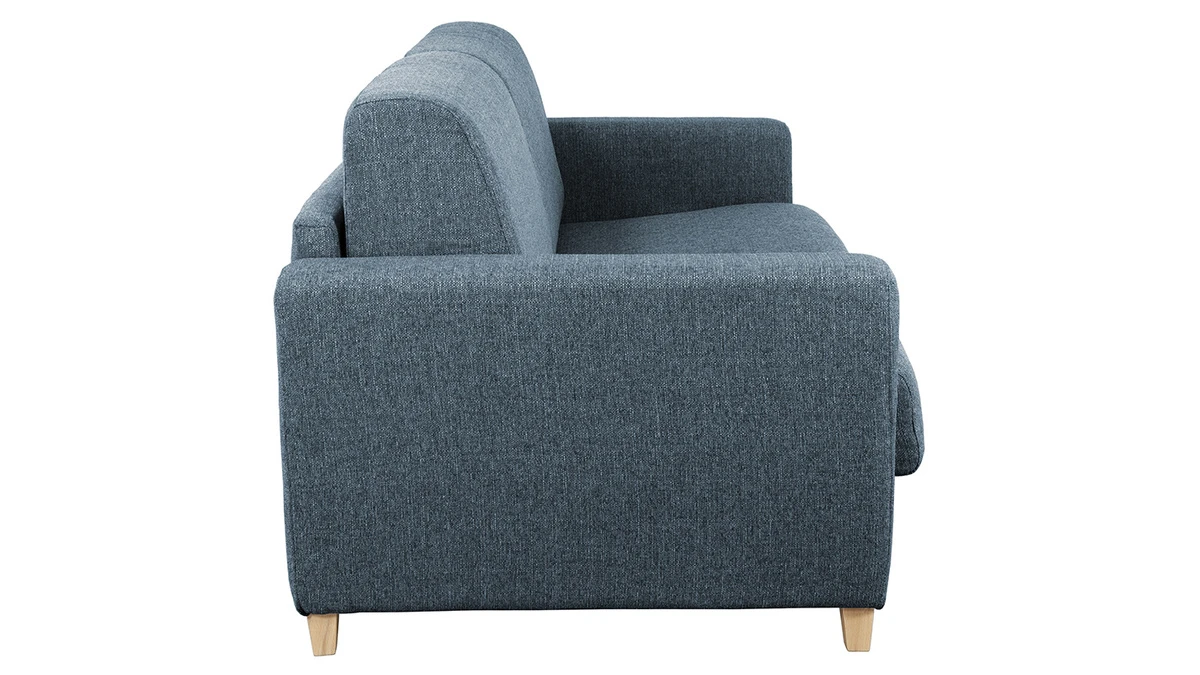 Canapé Convertible 3 Places En Tissu Bleu Et Bois Clair Avec Matelas L140 Cm 12 Cm GRAHAM 5 Canapé Convertible 3 Places En Tissu Bleu Et Bois Clair Avec Matelas L140 Cm 12 Cm GRAHAM – Image 3