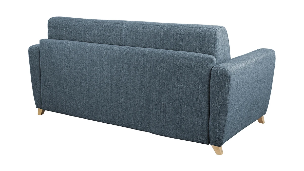 Canapé Convertible 3 Places En Tissu Bleu Et Bois Clair Avec Matelas L140 Cm 12 Cm GRAHAM 6 Canapé Convertible 3 Places En Tissu Bleu Et Bois Clair Avec Matelas L140 Cm 12 Cm GRAHAM – Image 4