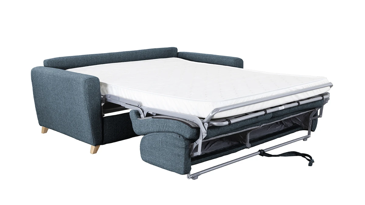 Canapé Convertible 3 Places En Tissu Bleu Et Bois Clair Avec Matelas L140 Cm 12 Cm GRAHAM 7 Canapé Convertible 3 Places En Tissu Bleu Et Bois Clair Avec Matelas L140 Cm 12 Cm GRAHAM – Image 5