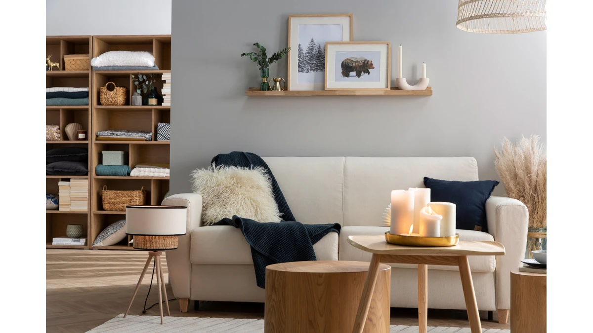 Canapé Convertible 3 Places En Tissu Bleu Et Bois Clair Avec Matelas L140 Cm 12 Cm GRAHAM 10 Canapé Convertible 3 Places En Tissu Bleu Et Bois Clair Avec Matelas L140 Cm 12 Cm GRAHAM – Image 8