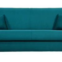 Canapé Convertible 3 Places En Tissu Bleu Paon Et Bois Clair Avec Matelas 12 Cm SKANDY