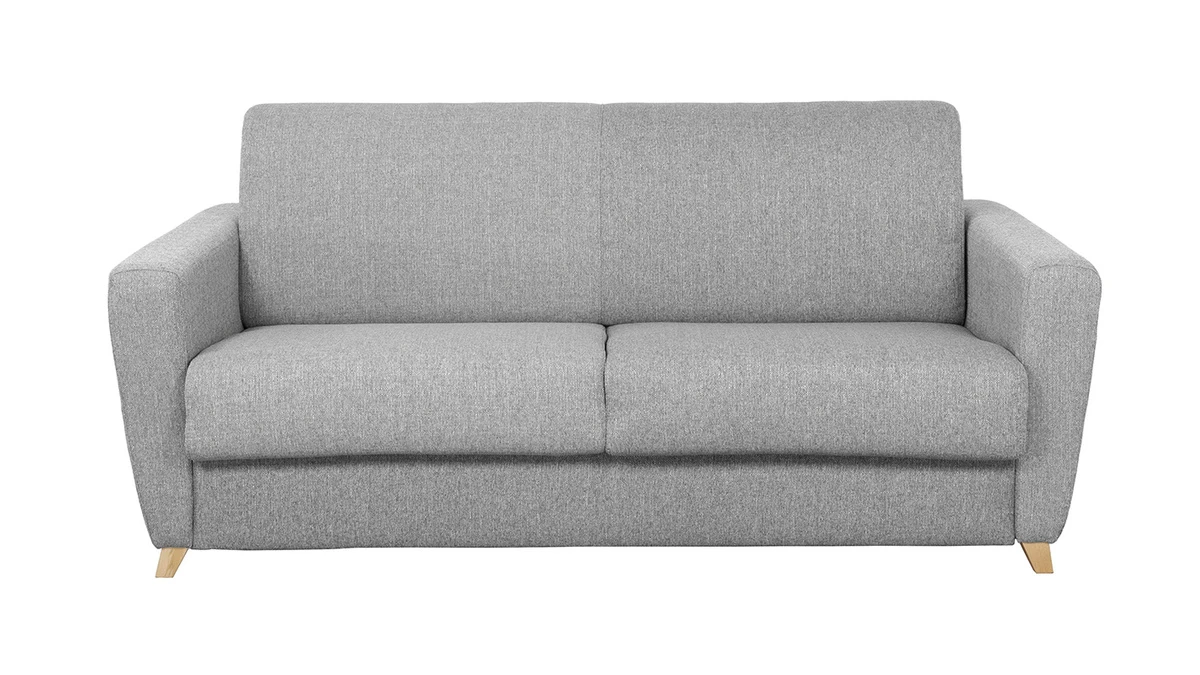 Canapé Convertible 3 Places En Tissu Gris Clair Et Bois Clair Avec Matelas L140 Cm 12 Cm GRAHAM 3 Canapé Convertible 3 Places En Tissu Gris Clair Et Bois Clair Avec Matelas L140 Cm 12 Cm GRAHAM