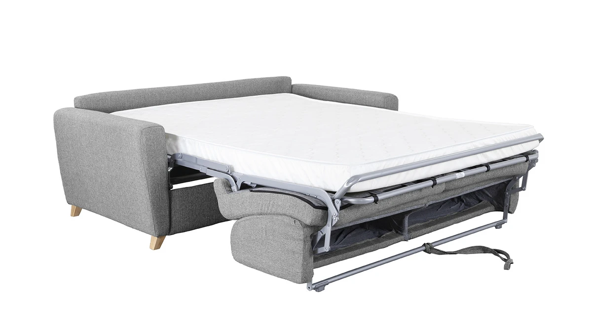Canapé Convertible 3 Places En Tissu Gris Clair Et Bois Clair Avec Matelas L140 Cm 12 Cm GRAHAM 7 Canapé Convertible 3 Places En Tissu Gris Clair Et Bois Clair Avec Matelas L140 Cm 12 Cm GRAHAM – Image 5