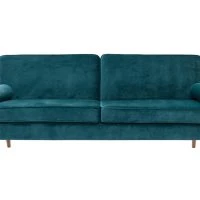 Canapé Convertible 3 Places En Tissu Velours Bleu Pétrole Et Bois Clair MOORE