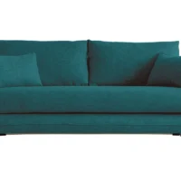 Canapé Convertible Scandinave 3 Places En Tissu Bleu Paon Et Bois Clair Avec Matelas 10 Cm CREEP