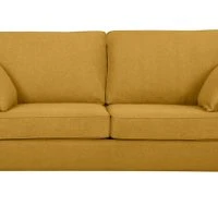 Canapé Convertible Scandinave 3 Places En Tissu Jaune Cumin Et Bois Clair Avec Matelas 10 Cm PAPEL