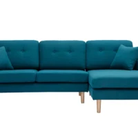 Canapé D'angle Droit Scandinave 4 Places En Tissu Bleu Canard Et Bois Clair CODDY