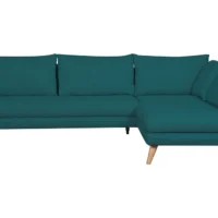 Canapé D'angle Droit Scandinave 5 Places En Tissu Bleu Paon Et Bois Clair CREEP