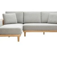Canapé D'angle Gauche 5 Places Avec Rangements En Tissu Effet Velours Texturé Gris Clair Et Bois Clair KOMAO