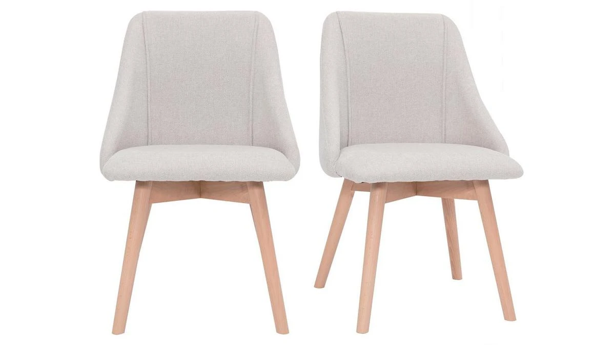 Chaises En Tissu Effet Velours Texturé Beige Et Bois Clair Massif (lot De 2) HIGGINS 3 Chaises En Tissu Effet Velours Texturé Beige Et Bois Clair Massif (lot De 2) HIGGINS