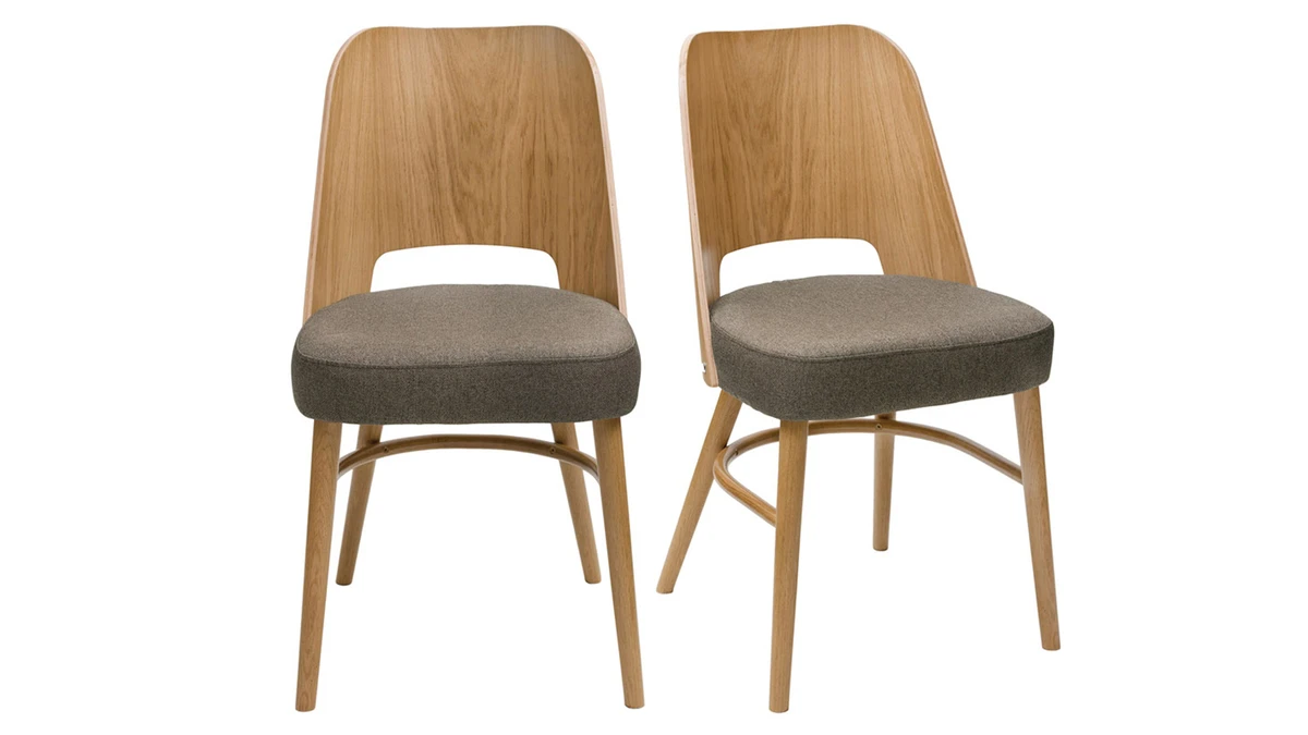 Chaises Vintage Bois Clair Chêne Et Assises En Tissu Marron (lot De 2) EDITO 3 Chaises Vintage Bois Clair Chêne Et Assises En Tissu Marron (lot De 2) EDITO