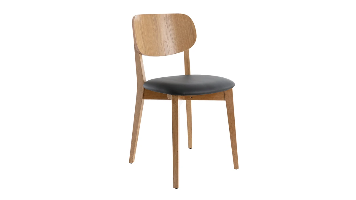 Chaises Vintage En Bois Clair Chêne Et Assise Noire (lot De 2) LUCIA 5 Chaises Vintage En Bois Clair Chêne Et Assise Noire (lot De 2) LUCIA – Image 3