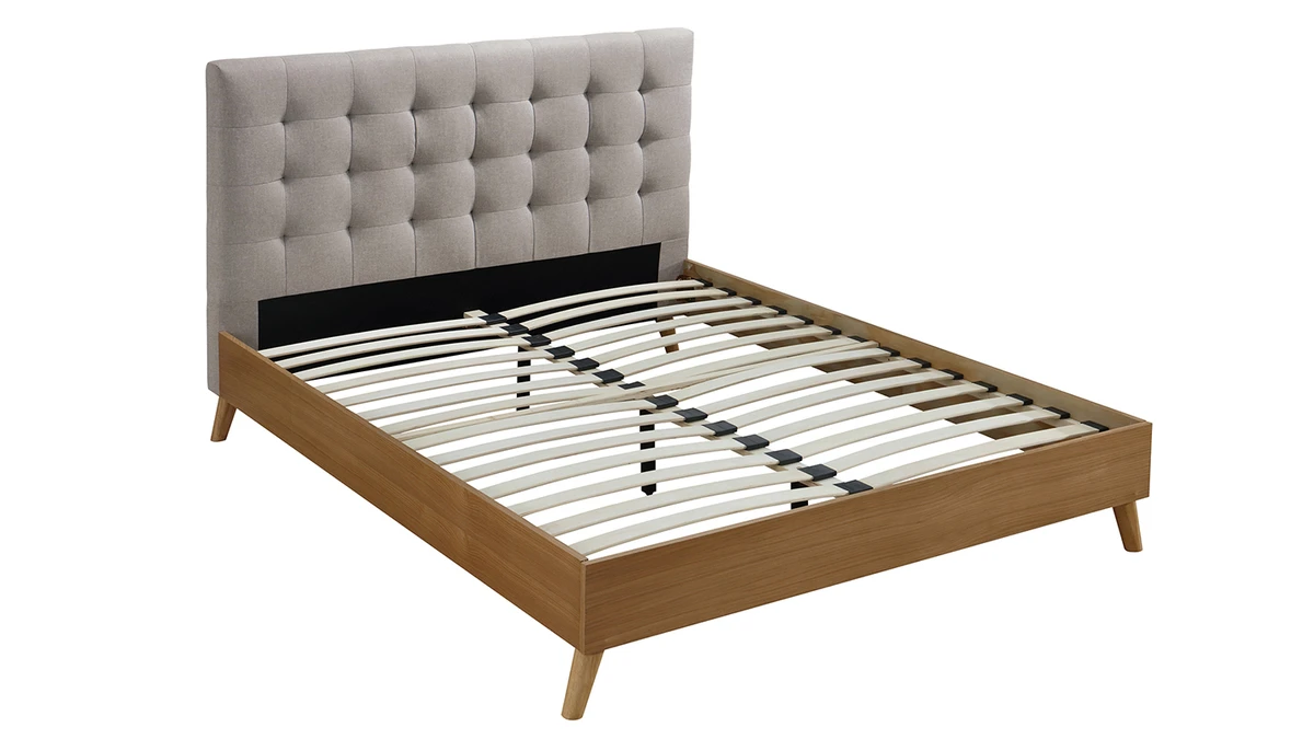 Lit 2 Places 160x200 Cm En Bois Et Tissu Beige LYNN 4 Lit 2 Places 160x200 Cm En Bois Et Tissu Beige LYNN – Image 2