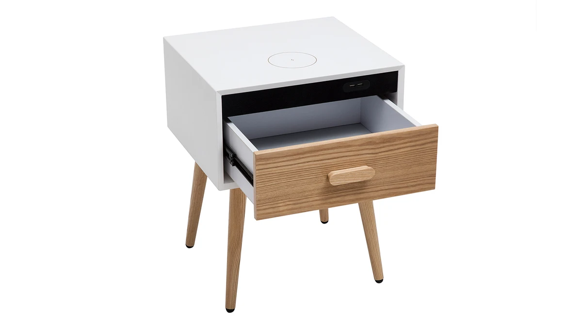 Table De Chevet Connectée Multimédia Blanc Mat Et Frêne PAVAN 4 Table De Chevet Connectée Multimédia Blanc Mat Et Frêne PAVAN – Image 2