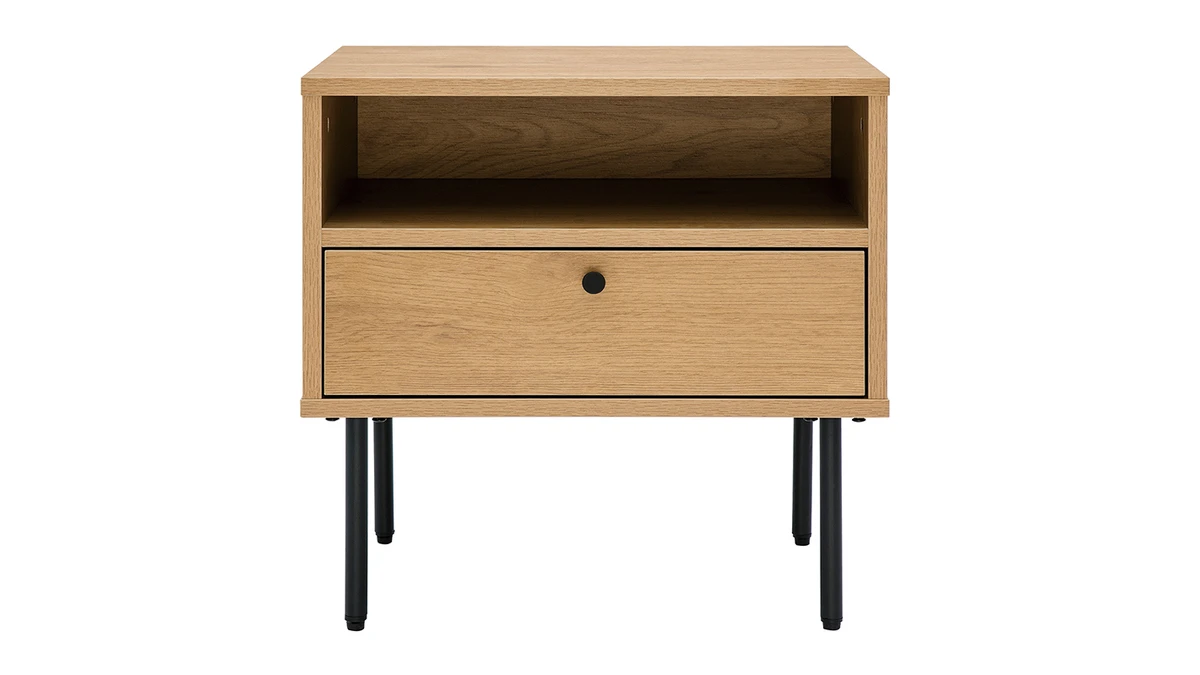 Table De Chevet Finition Bois Clair Chêne Et Pieds Métal Noir L50 Cm PERNELLE 3 Table De Chevet Finition Bois Clair Chêne Et Pieds Métal Noir L50 Cm PERNELLE