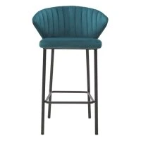 Tabouret De Bar Design En Tissu Velours Gaufré Bleu Pétrole Et Métal Noir H68 Cm DALLY