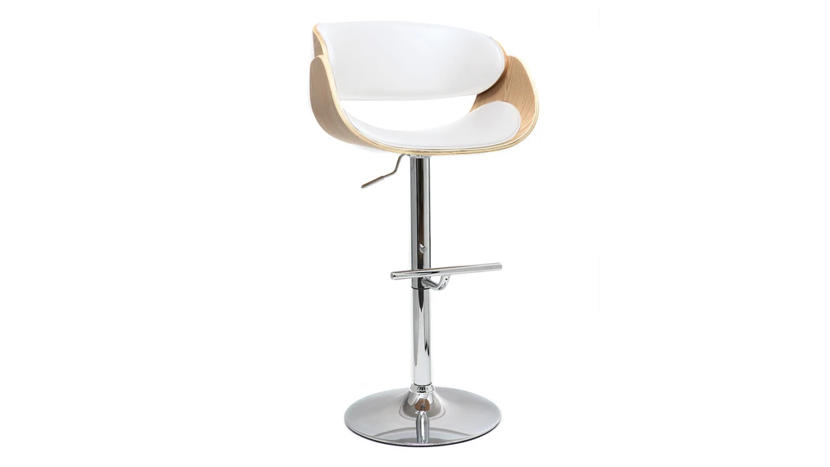 Tabouret De Bar Design Réglable Blanc Et Bois Clair BENT 4 Tabouret De Bar Design Réglable Blanc Et Bois Clair BENT – Image 2