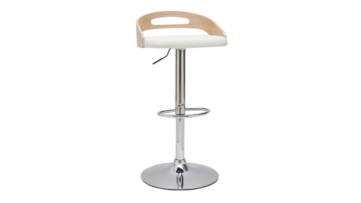 Tabouret De Bar Réglable Design Bois Clair Et Polyuréthane Blanc MANO 4 Tabouret De Bar Réglable Design Bois Clair Et Polyuréthane Blanc MANO – Image 2
