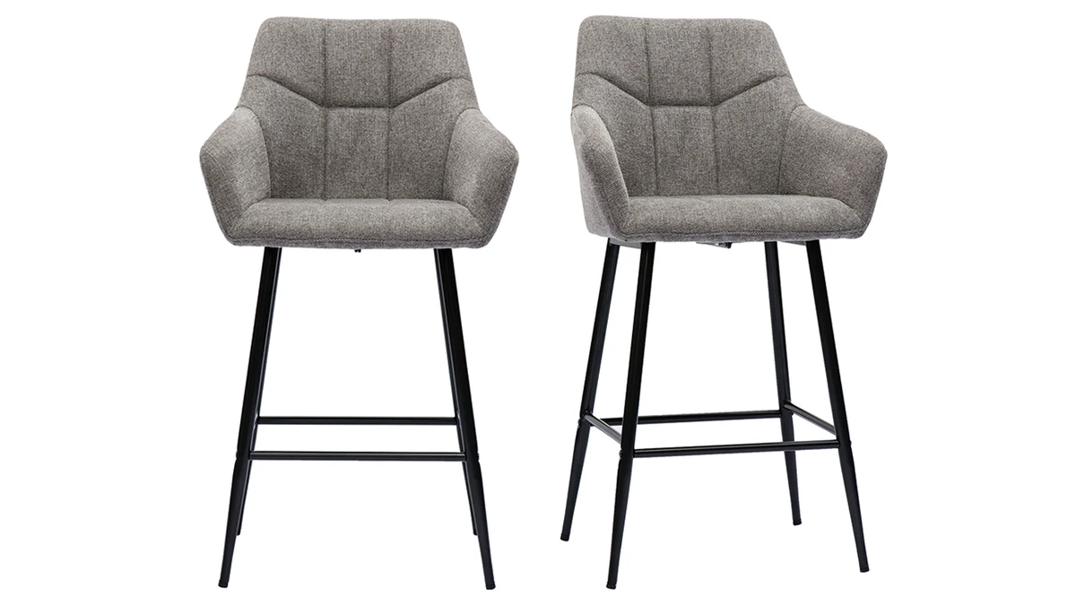 Tabourets De Bar Avec Sièges Matelassés En Tissu Effet Velours Texturé Gris Et Métal Noir H65 Cm (lot De 2) MONTERO 3 Tabourets De Bar Avec Sièges Matelassés En Tissu Effet Velours Texturé Gris Et Métal Noir H65 Cm (lot De 2) MONTERO