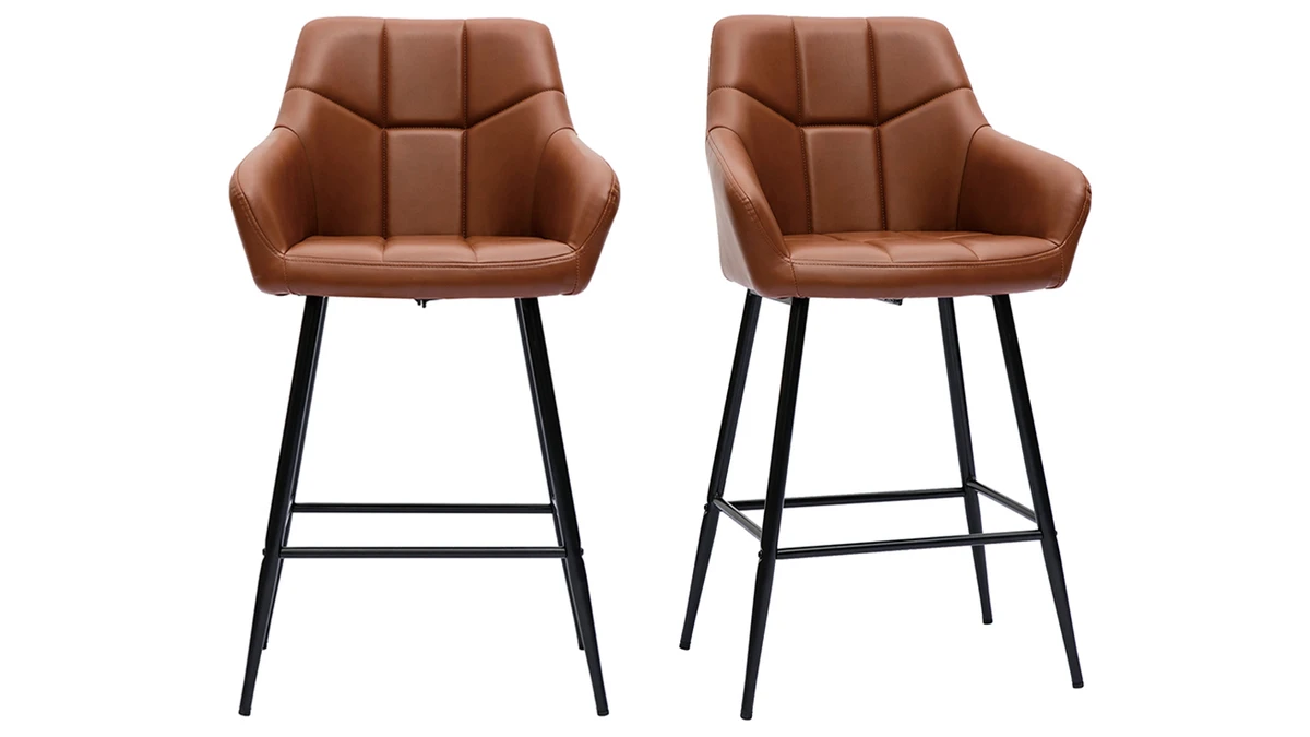 Tabourets De Bar Avec Sièges Matelassés Marron Et Métal Noir H65 Cm (lot De 2) MONTERO 3 Tabourets De Bar Avec Sièges Matelassés Marron Et Métal Noir H65 Cm (lot De 2) MONTERO