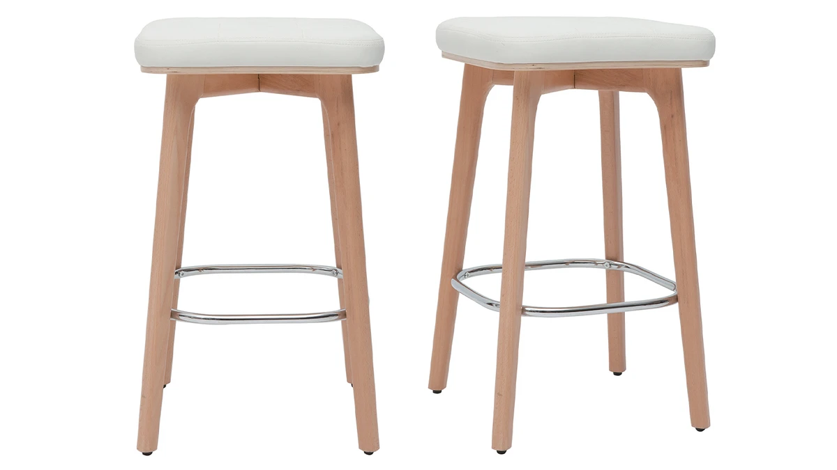 Tabourets De Bar Blancs Et Bois Clair 65 Cm (lot De 2) GRAMMA 3 Tabourets De Bar Blancs Et Bois Clair 65 Cm (lot De 2) GRAMMA