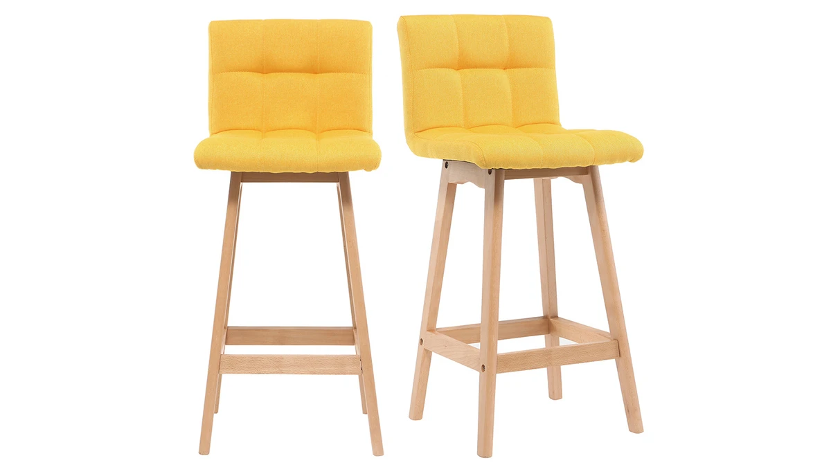 Tabourets De Bar Bois Et Jaune H65 Cm (lot De 2) KLARIS 3 Tabourets De Bar Bois Et Jaune H65 Cm (lot De 2) KLARIS