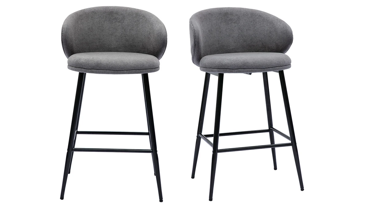 Tabourets De Bar Design En Tissu Effet Velours Gris Et Métal Noir (lot De 2) ROSALIE 3 Tabourets De Bar Design En Tissu Effet Velours Gris Et Métal Noir (lot De 2) ROSALIE