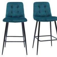 Tabourets De Bar Design En Tissu Velours Gaufré Bleu Pétrole Et Métal H65 Cm (lot De 2) ESCAPE