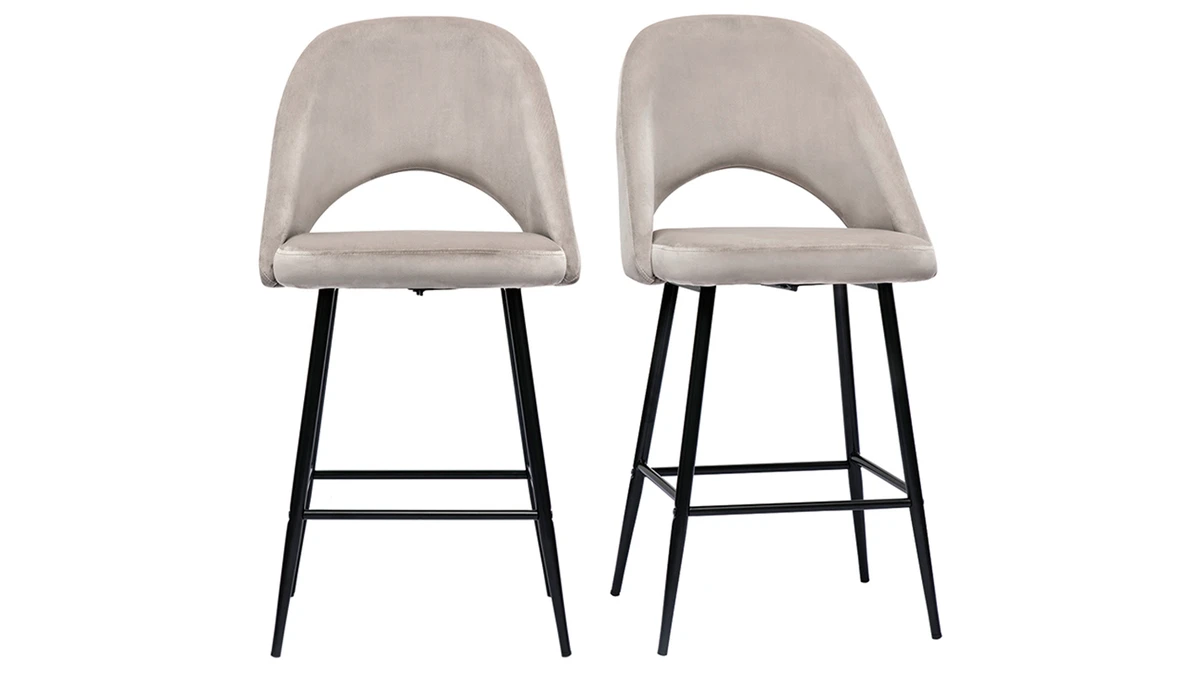 Tabourets De Bar En Velours Taupe Et Métal H65 Cm (lot De 2) COSETTE 3 Tabourets De Bar En Velours Taupe Et Métal H65 Cm (lot De 2) COSETTE