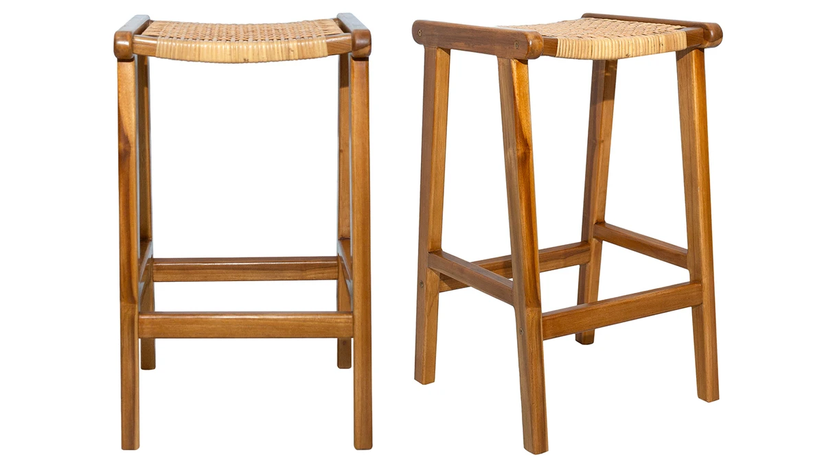 Tabourets De Bar Ethniques En Bois Teck Massif Et Cannage Rotin H65 Cm (lot De 2) GAWA 3 Tabourets De Bar Ethniques En Bois Teck Massif Et Cannage Rotin H65 Cm (lot De 2) GAWA