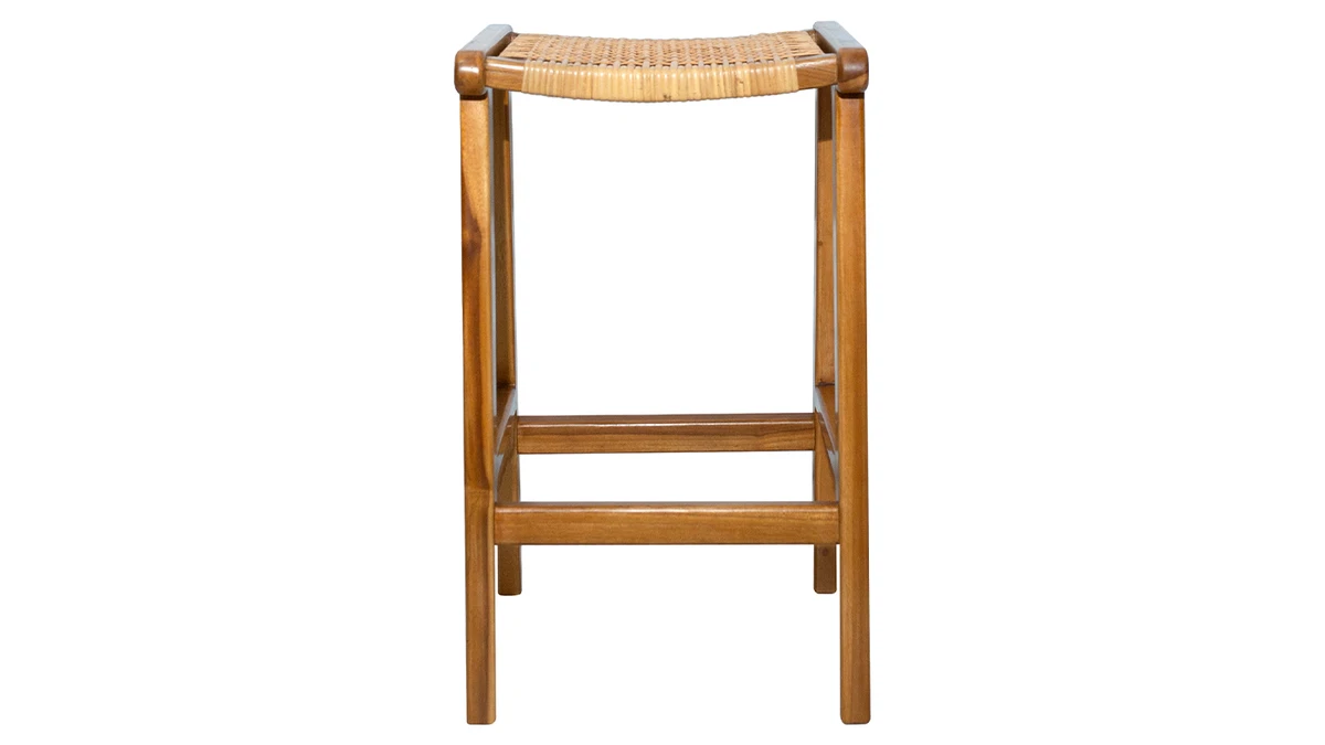 Tabourets De Bar Ethniques En Bois Teck Massif Et Cannage Rotin H65 Cm (lot De 2) GAWA 4 Tabourets De Bar Ethniques En Bois Teck Massif Et Cannage Rotin H65 Cm (lot De 2) GAWA – Image 2