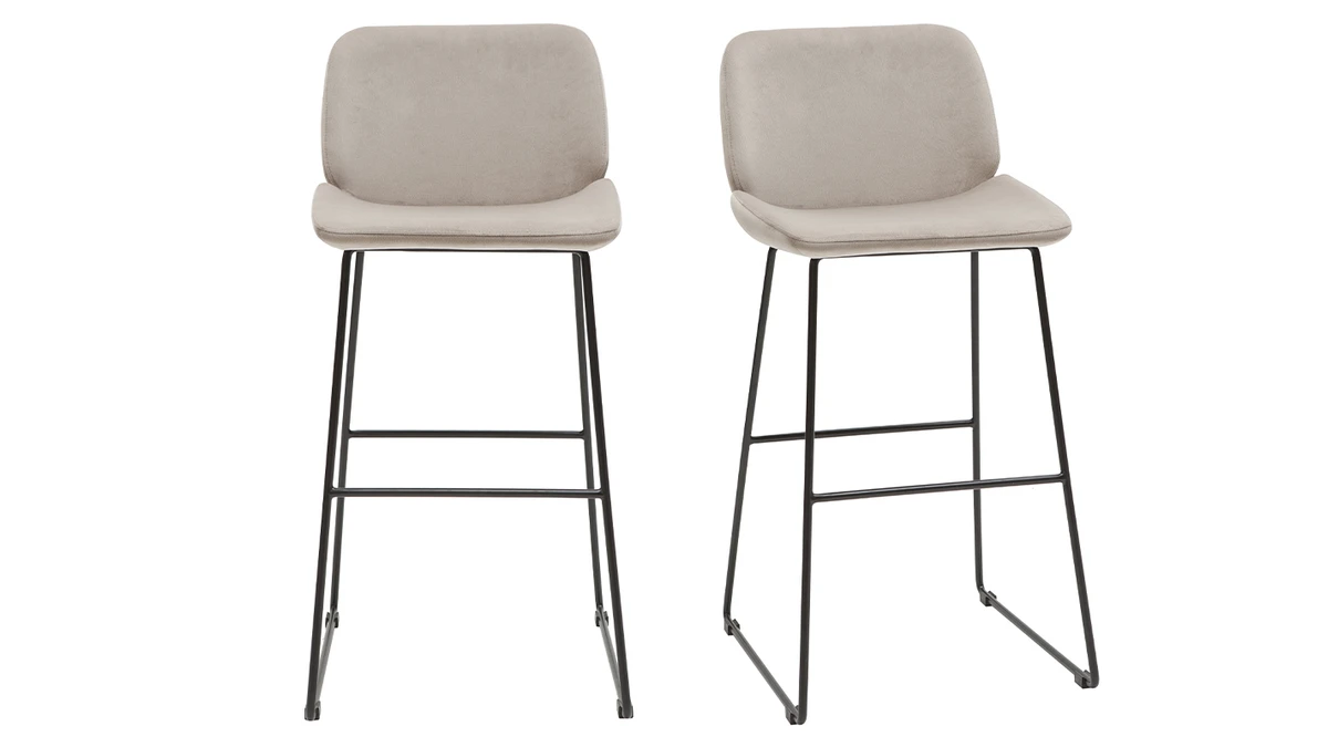 Tabourets De Bar Fixes En Tissu Velours Taupe Pieds Métal Noir H65 (lot De 2) KAOLY 3 Tabourets De Bar Fixes En Tissu Velours Taupe Pieds Métal Noir H65 (lot De 2) KAOLY