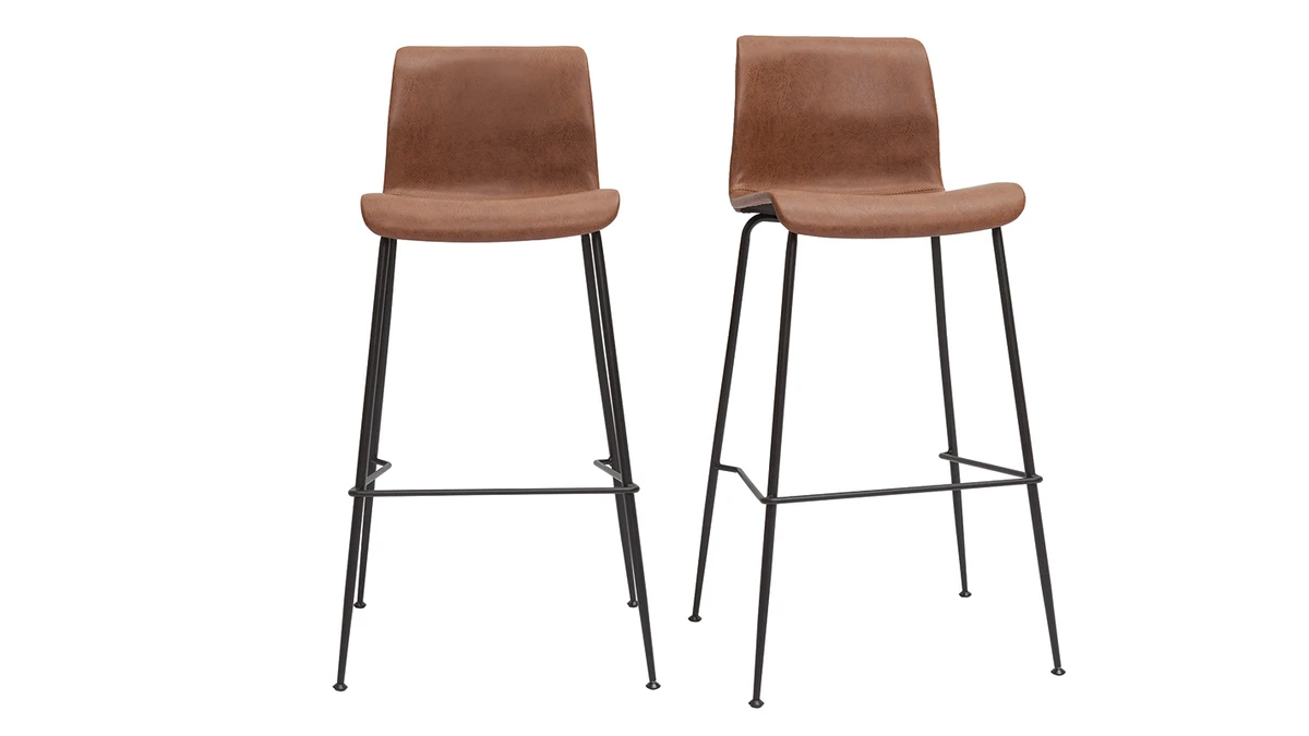 Tabourets De Bar Fixes Marron Aspect Vieilli Et Métal Noir H75 (lot De 2) HAROLD 3 Tabourets De Bar Fixes Marron Aspect Vieilli Et Métal Noir H75 (lot De 2) HAROLD