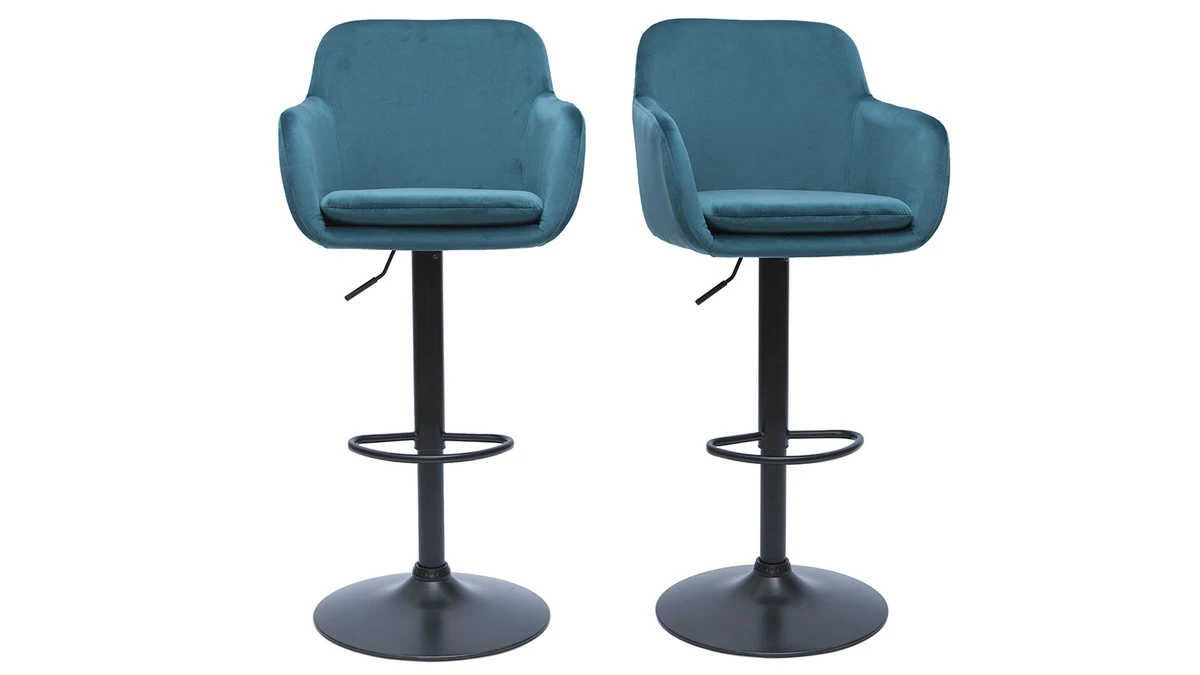 Tabourets De Bar Réglables En Tissu Velours Bleu Pétrole Et Métal Noir (lot De 2) AMIKA 3 Tabourets De Bar Réglables En Tissu Velours Bleu Pétrole Et Métal Noir (lot De 2) AMIKA