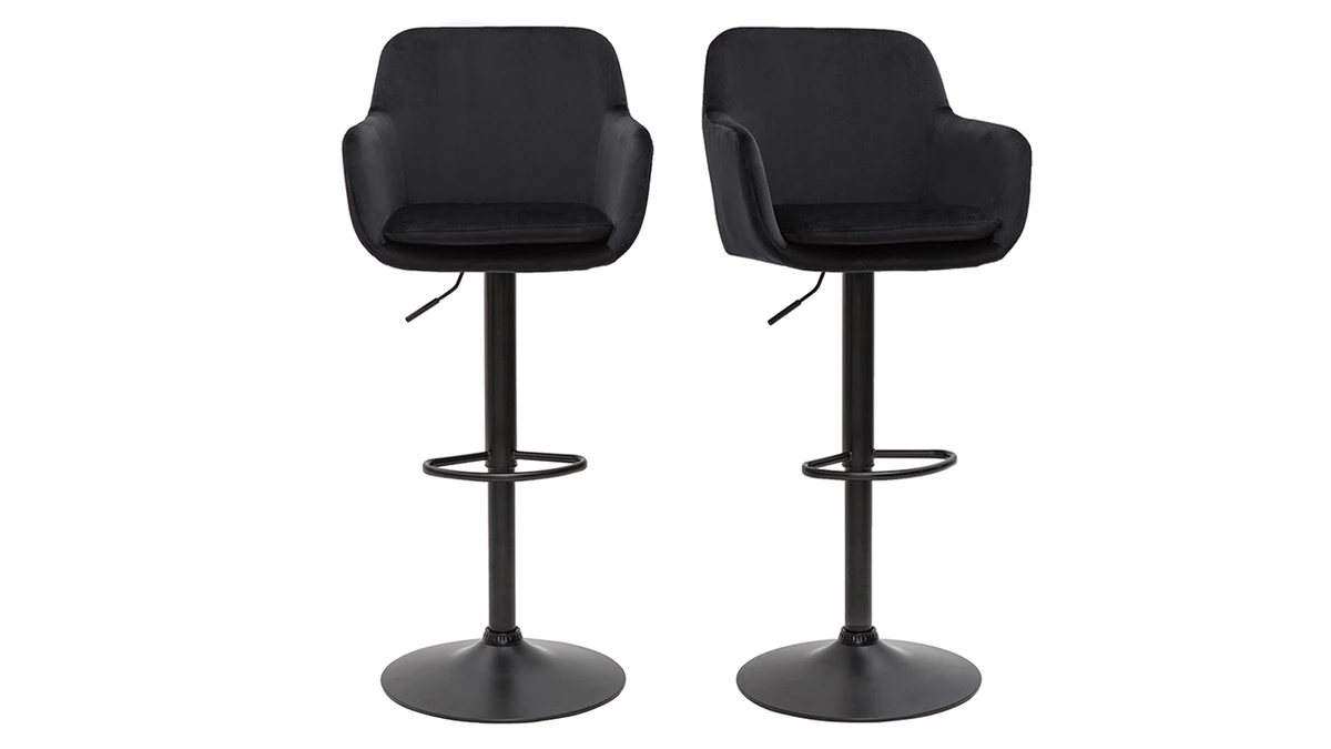 Tabourets De Bar Réglables En Velours Noir Et Métal (lot De 2) AMIKA 3 Tabourets De Bar Réglables En Velours Noir Et Métal (lot De 2) AMIKA
