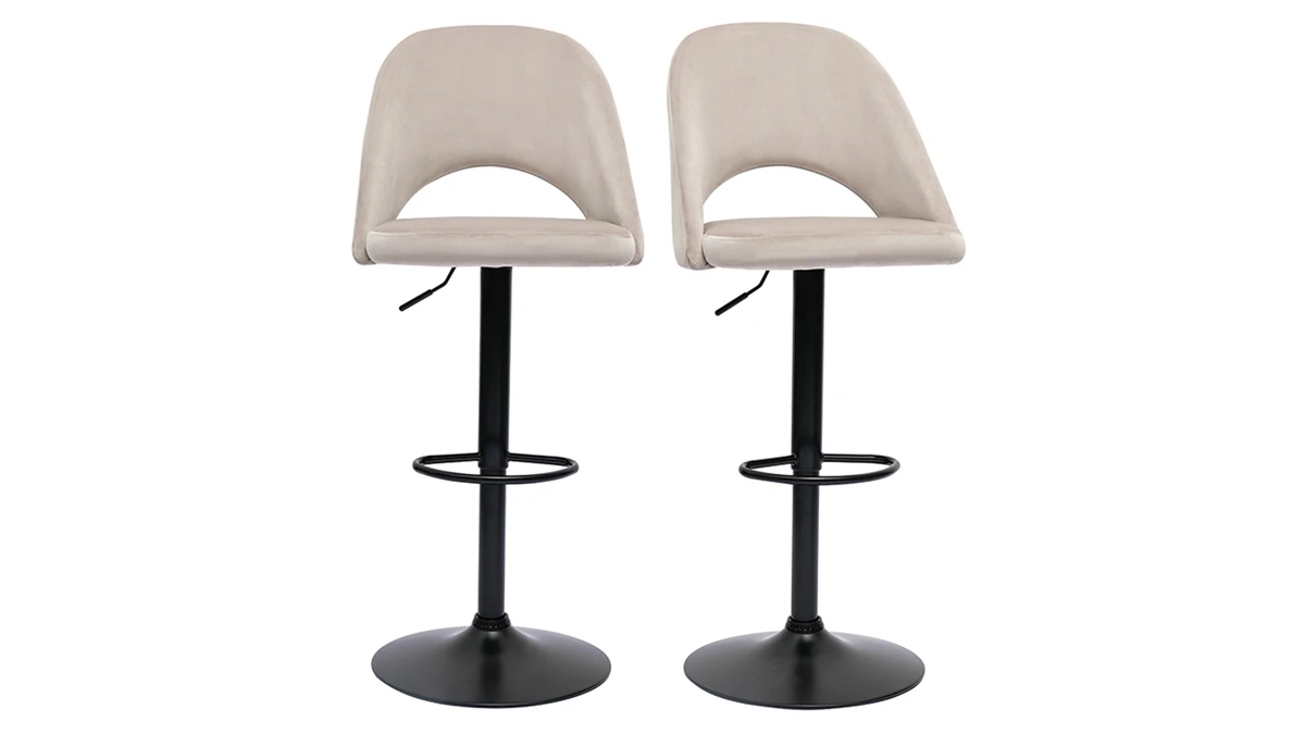 Tabourets De Bar Relevables En Velours Taupe Et Métal Noir (lot De 2) COSETTE 3 Tabourets De Bar Relevables En Velours Taupe Et Métal Noir (lot De 2) COSETTE