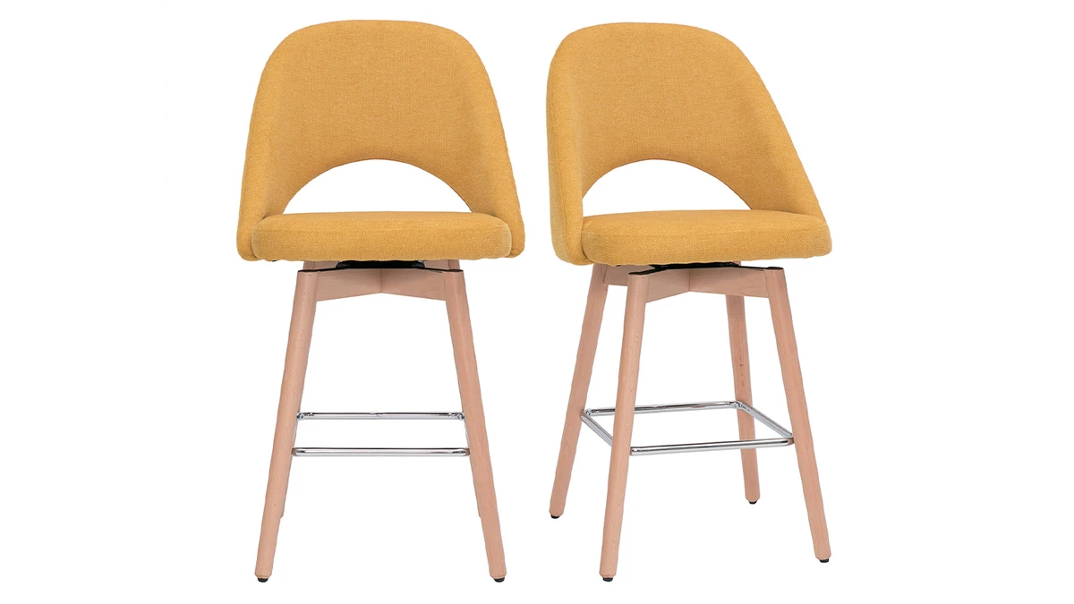 Tabourets De Bar Scandinaves Tissu Effet Velours Texturé Jaune Et Hévéa Massif 65 Cm (lot De 2) COSETTE 3 Tabourets De Bar Scandinaves Tissu Effet Velours Texturé Jaune Et Hévéa Massif 65 Cm (lot De 2) COSETTE