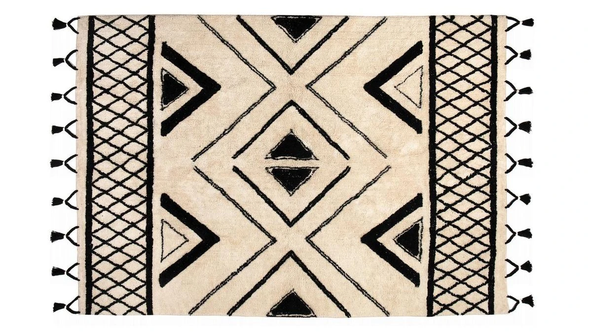 Tapis Ethnique En Coton Noir Et Naturel 160 X 230 Cm MAURI 3 Tapis Ethnique En Coton Noir Et Naturel 160 X 230 Cm MAURI